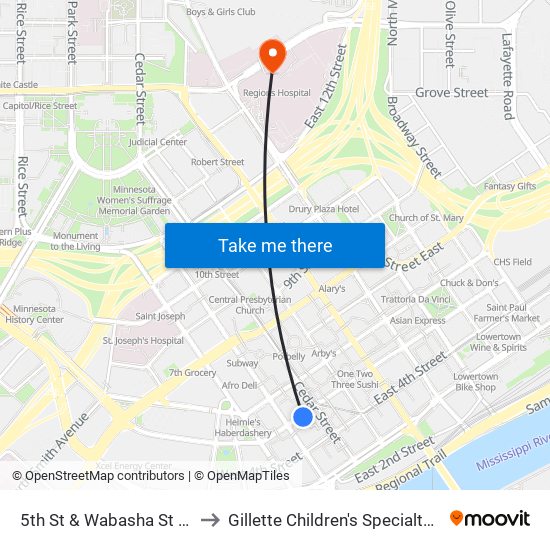 5th St & Wabasha St / Cedar St to Gillette Children's Specialty Healthcare map