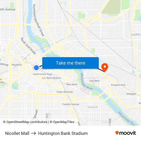 Nicollet Mall to Huntington Bank Stadium map