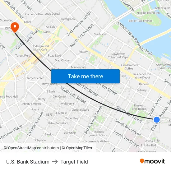 U.S. Bank Stadium to Target Field map