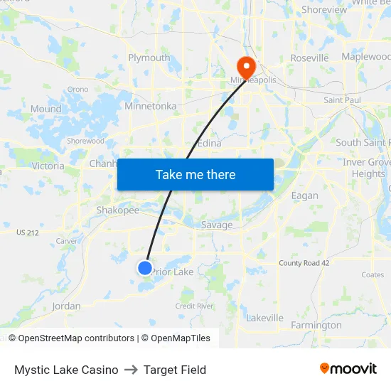 Mystic Lake Casino to Target Field map