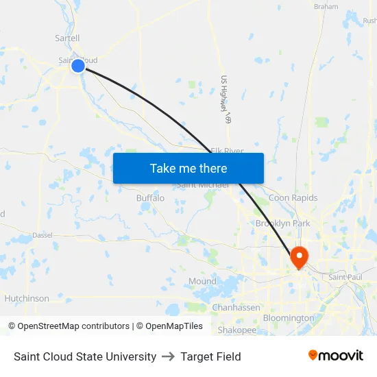 Saint Cloud State University to Target Field map