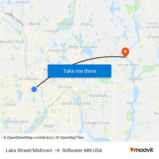 Lake Street/Midtown to Stillwater MN USA map