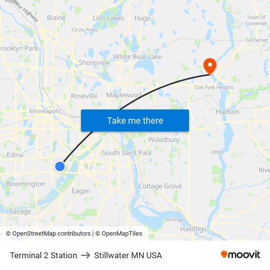 Terminal 2 Station to Stillwater MN USA map