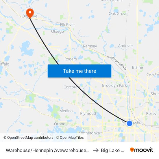 Warehouse/Hennepin Avewarehouse/Hennepin Avenue to Big Lake MN USA map
