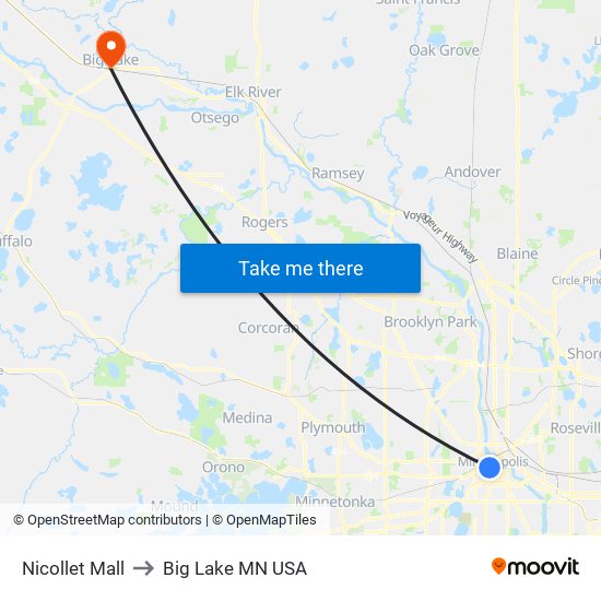 Nicollet Mall to Big Lake MN USA map