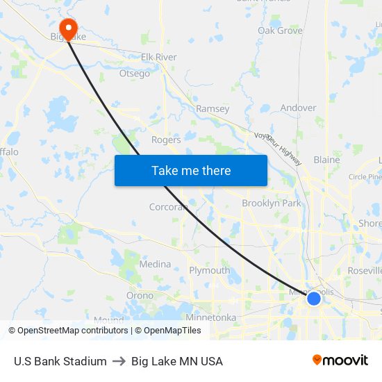 U.S Bank Stadium to Big Lake MN USA map
