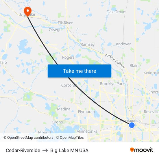 Cedar-Riverside to Big Lake MN USA map