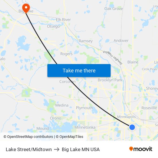Lake Street/Midtown to Big Lake MN USA map