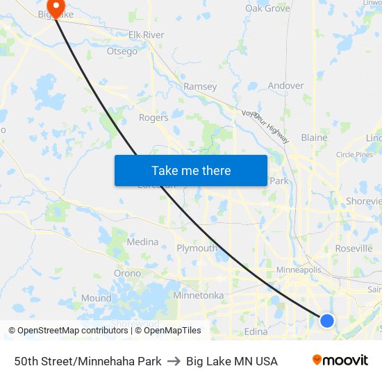 50th Street/Minnehaha Park to Big Lake MN USA map