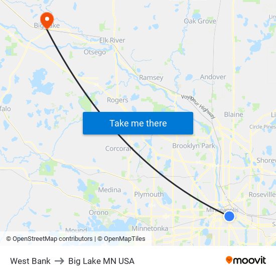 West Bank to Big Lake MN USA map