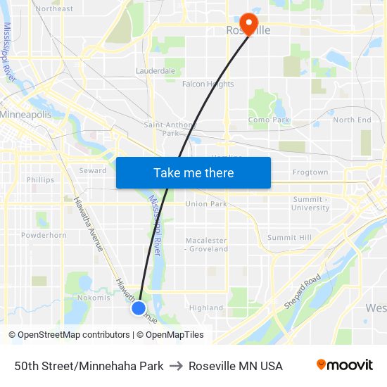 50th Street/Minnehaha Park to Roseville MN USA map