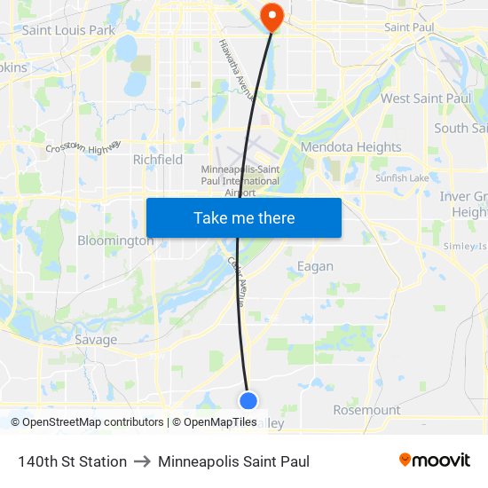 140th St Station to Minneapolis Saint Paul map