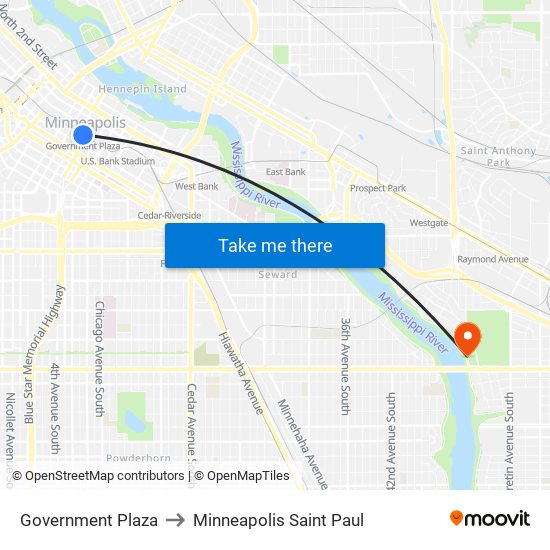 Government Plaza to Minneapolis Saint Paul map