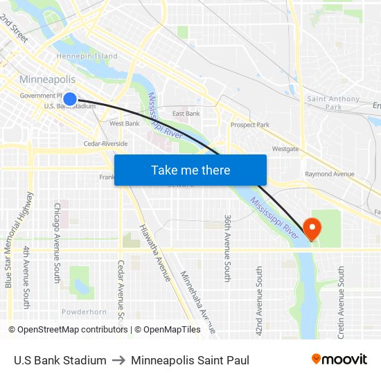 U.S Bank Stadium to Minneapolis Saint Paul map