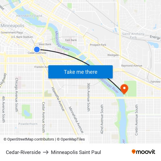 Cedar-Riverside to Minneapolis Saint Paul map