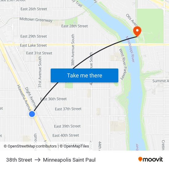 38th Street to Minneapolis Saint Paul map