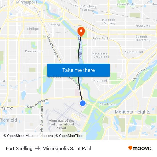 Fort Snelling to Minneapolis Saint Paul map