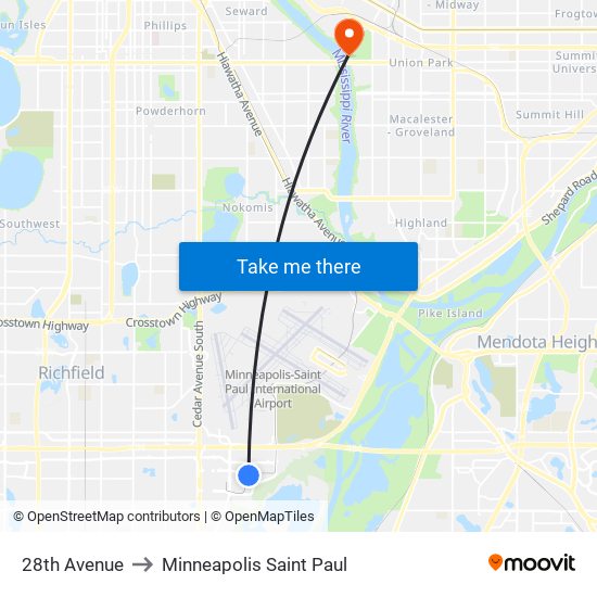 28th Avenue to Minneapolis Saint Paul map
