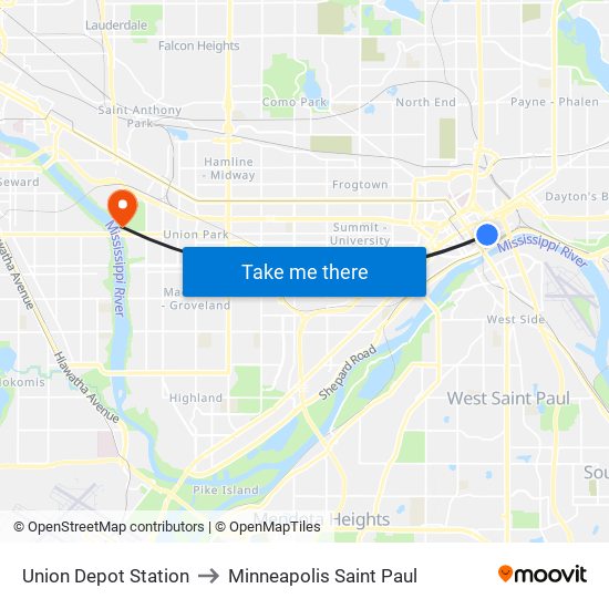 Union Depot Station to Minneapolis Saint Paul map