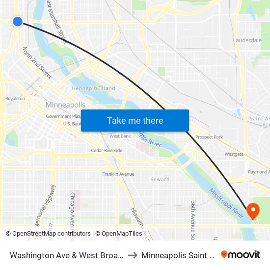 Washington Ave & West Broadway to Minneapolis Saint Paul map