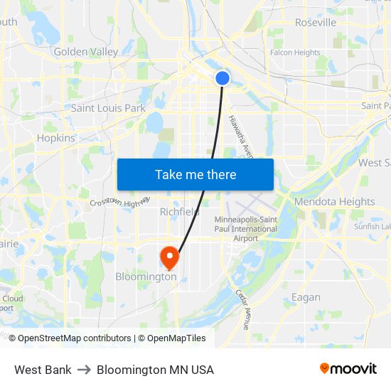 West Bank to Bloomington MN USA map