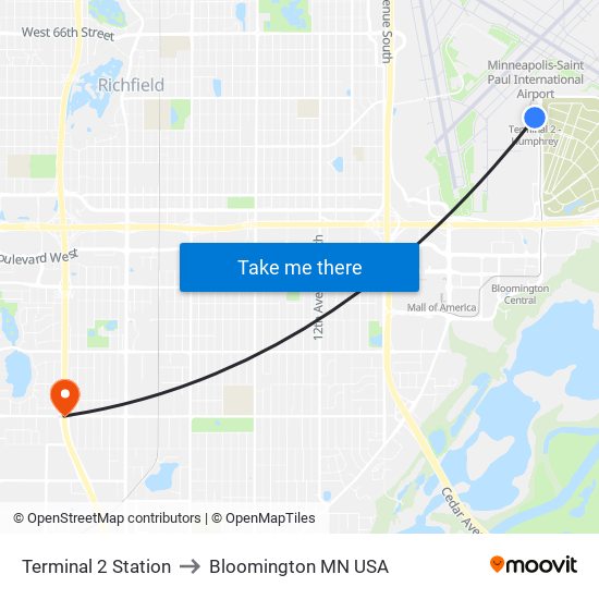Terminal 2 Station to Bloomington MN USA map