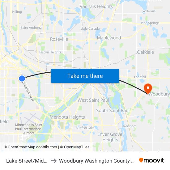 Lake Street/Midtown to Woodbury Washington County MN USA map