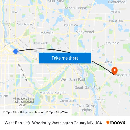 West Bank to Woodbury Washington County MN USA map