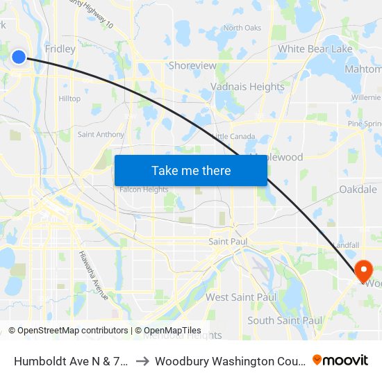 Humboldt Ave N & 70th Ave N to Woodbury Washington County MN USA map