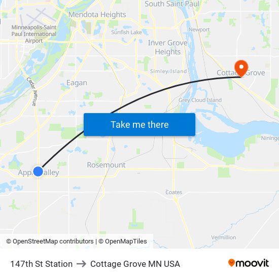 147th St Station to Cottage Grove MN USA map