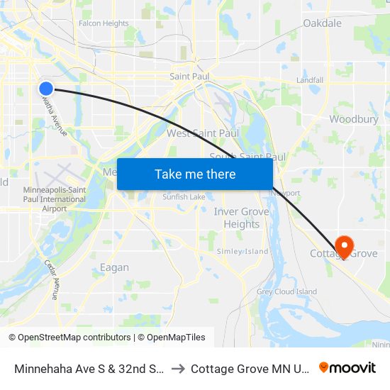 Minnehaha Ave S & 32nd St E to Cottage Grove MN USA map