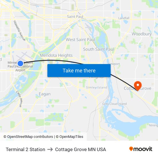 Terminal 2 Station to Cottage Grove MN USA map