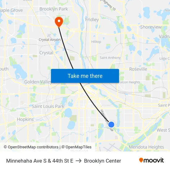 Minnehaha Ave S & 44th St E to Brooklyn Center map