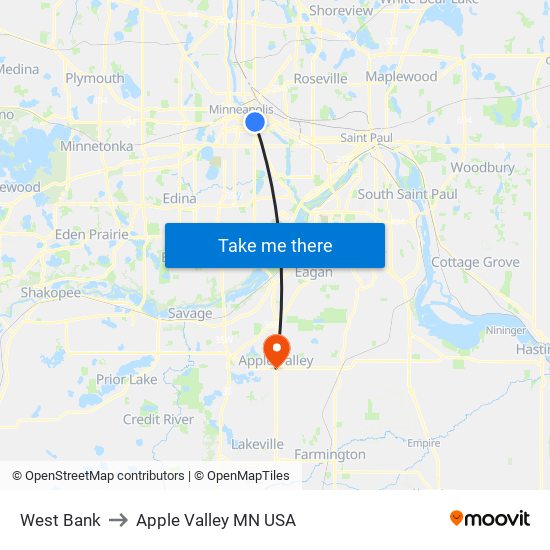 West Bank to Apple Valley MN USA map