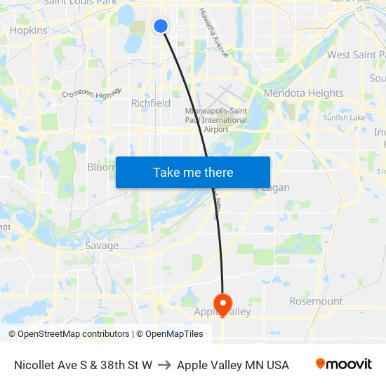 Nicollet Ave S & 38th St W to Apple Valley MN USA map