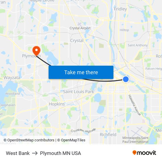 West Bank to Plymouth MN USA map