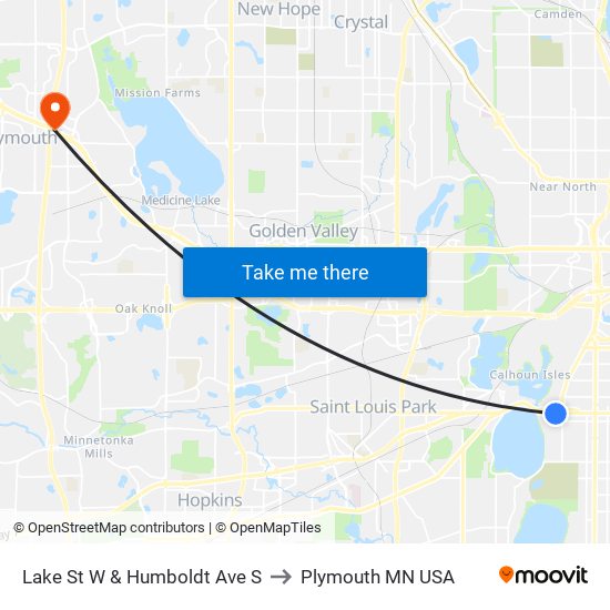 Lake St W & Humboldt Ave S to Plymouth MN USA map