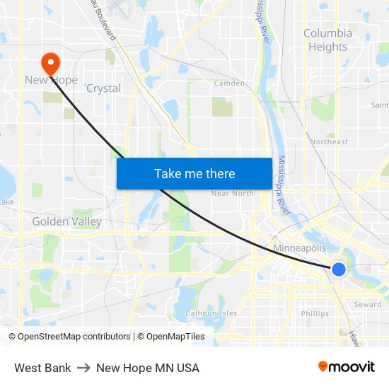 West Bank to New Hope MN USA map