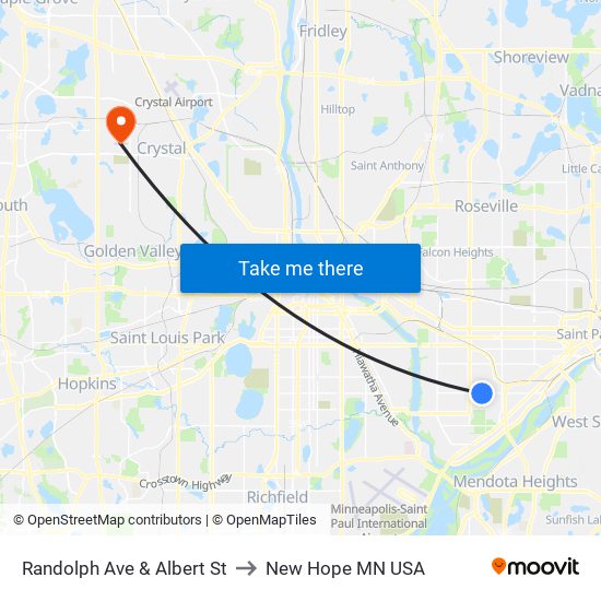 Randolph Ave & Albert St to New Hope MN USA map