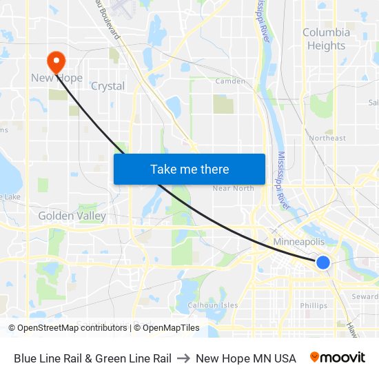 Blue Line Rail & Green Line Rail to New Hope MN USA map