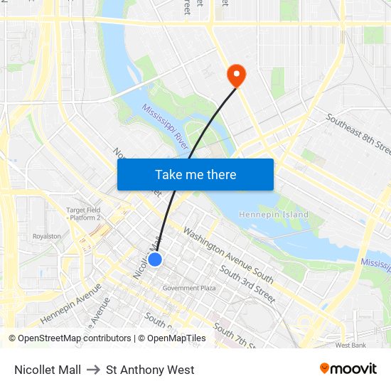 Nicollet Mall to St Anthony West map