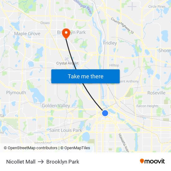 Nicollet Mall to Brooklyn Park map
