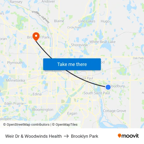 Weir Dr & Woodwinds Health to Brooklyn Park map