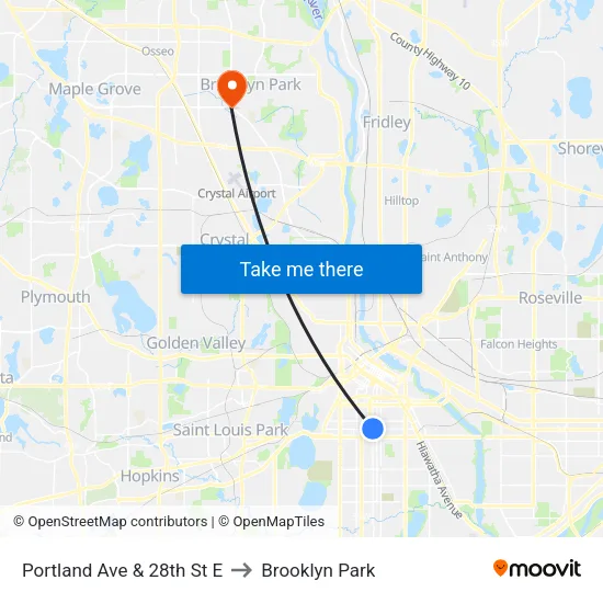 Portland Ave & 28th St E to Brooklyn Park map