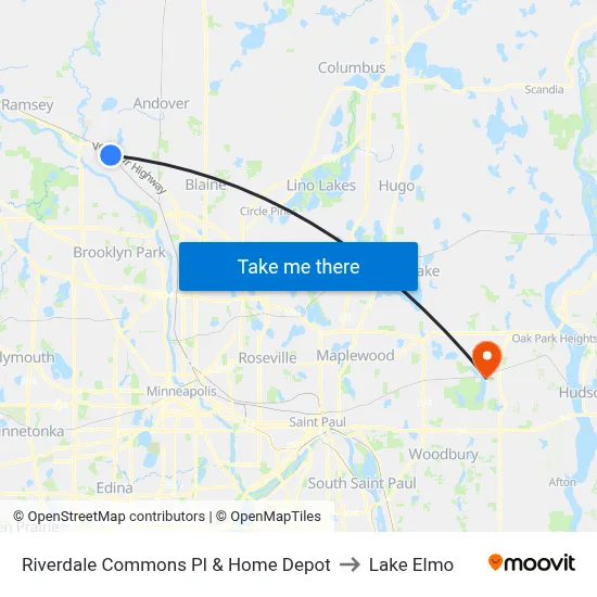 Riverdale Commons Pl & Home Depot to Lake Elmo map