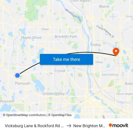 Vicksburg Lane & Rockford Rd (Co Rd 9) to New Brighton MN USA map
