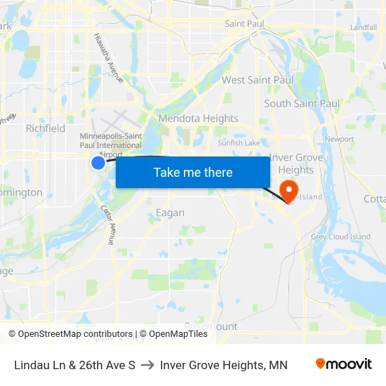 Lindau Ln & 26th Ave S to Inver Grove Heights, MN map