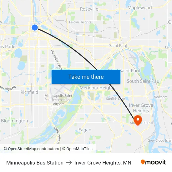 Minneapolis Bus Station to Inver Grove Heights, MN map