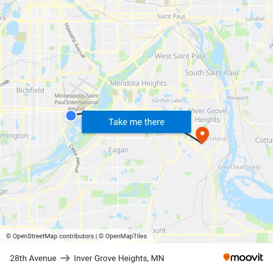 28th Avenue to Inver Grove Heights, MN map