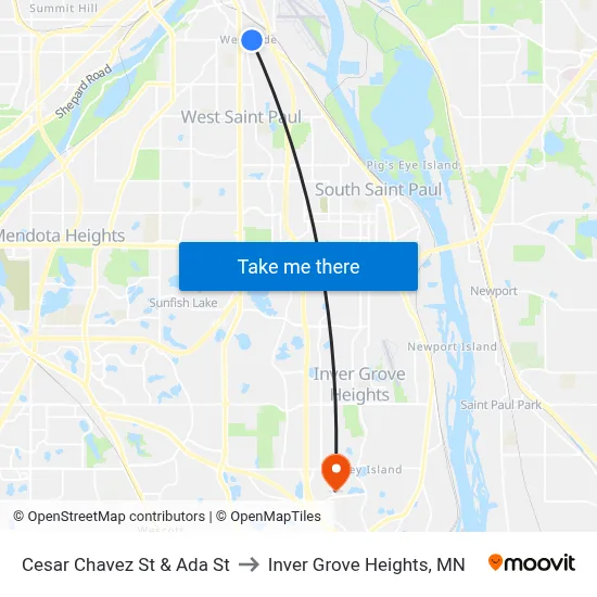 Cesar Chavez St & Ada St to Inver Grove Heights, MN map